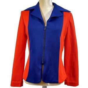 70s Vintage Red and Blue Polyester Wide Collar Long Sleeve Zip Front Jacket LG